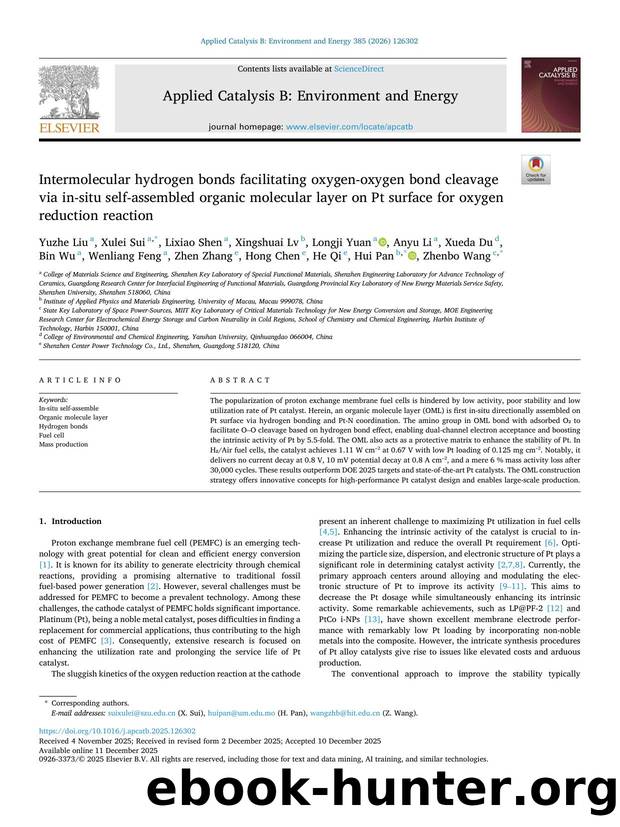 Intermolecular hydrogen bonds facilitating oxygen-oxygen bond cleavage via in-situ self-assembled organic molecular layer on Pt surface for oxygen reduction reaction by unknow