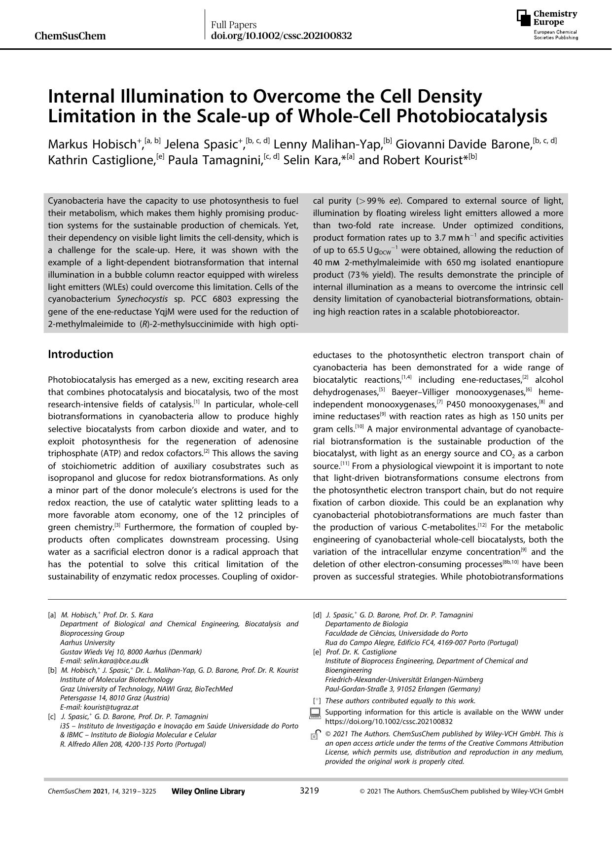 Internal Illumination to Overcome the Cell Density Limitation in the Scaleâup of WholeâCell Photobiocatalysis by Unknown