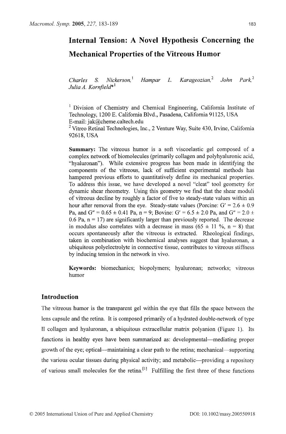 Internal Tension[colon] A Novel Hypothesis Concerning the Mechanical Properties of the Vitreous Humor by Unknown