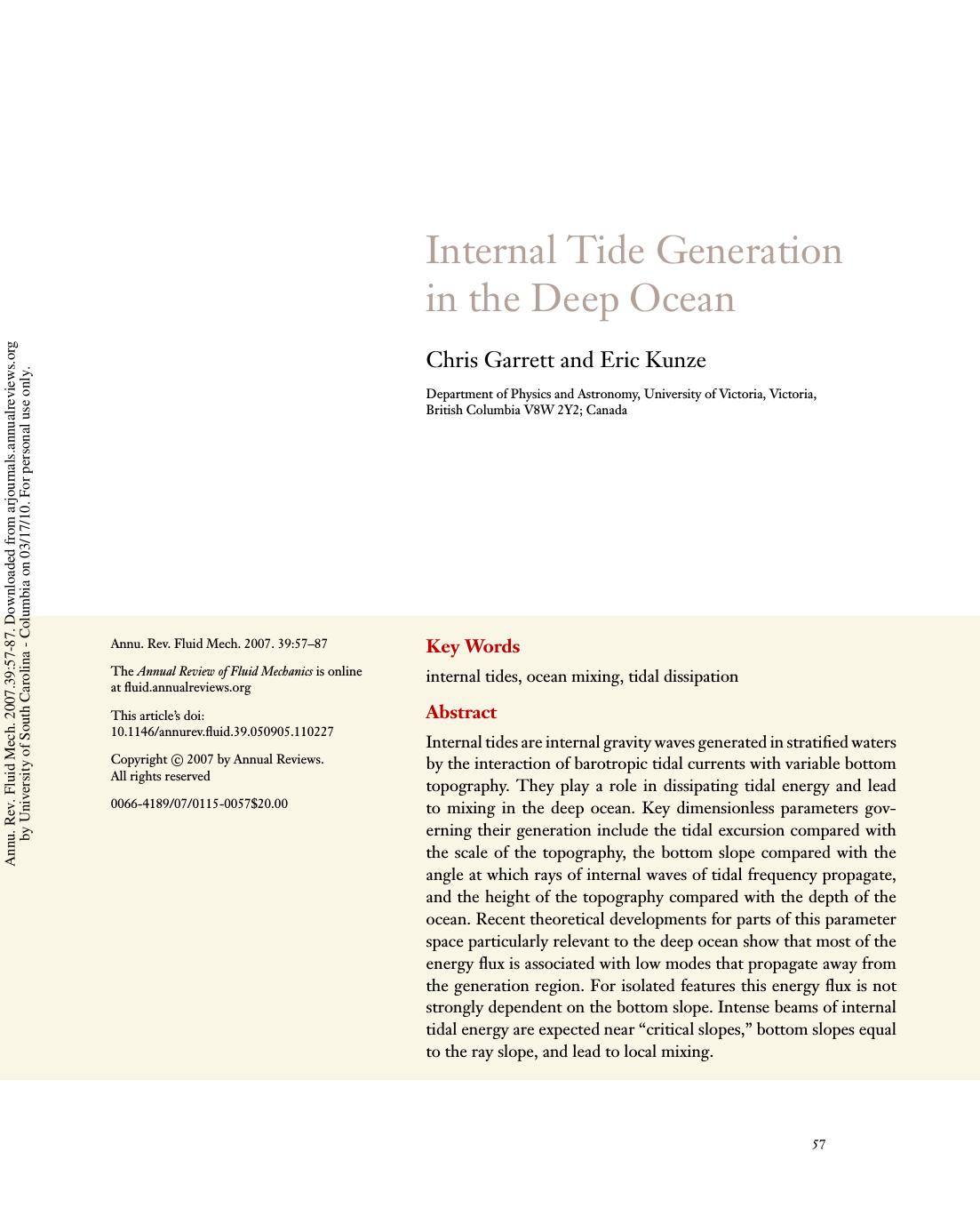Internal Tide Generation in the Deep Ocean by Chris Garrett & Eric Kunze