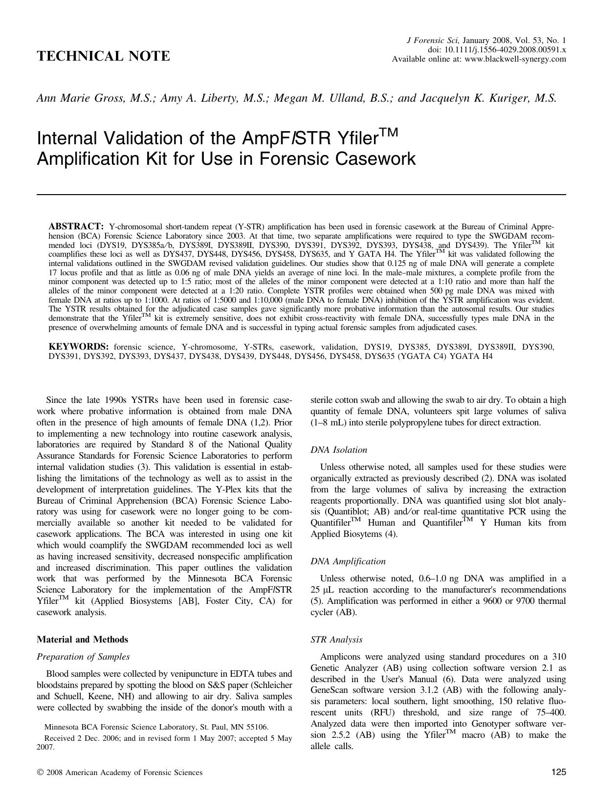 Internal Validation of the AmpFlSTR Yfilerâ¢ Amplification Kit for Use in Forensic Casework by Unknown