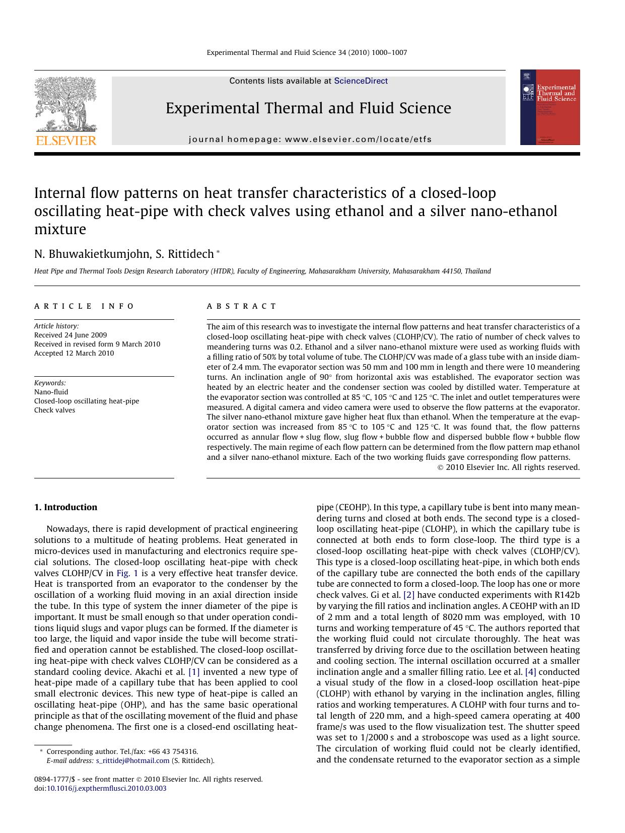 Internal flow patterns on heat transfer characteristics of a closed-loop oscillating heat-pipe with check valves using ethanol and a silver nano-ethanol mixture by N. Bhuwakietkumjohn & S. Rittidech