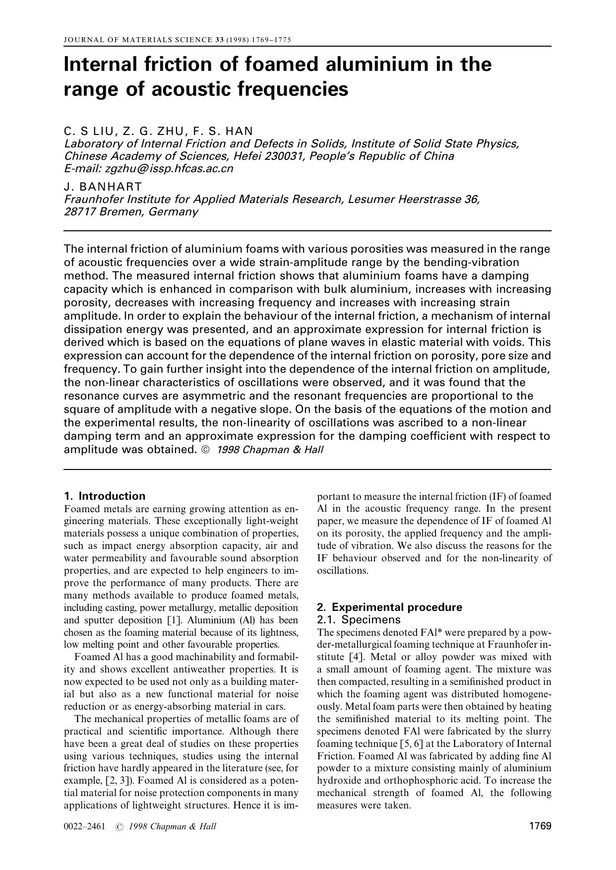 Internal friction of foamed aluminium in the range of acoustic frequencies by C. SLIU Z. G. ZHU F. S. HAN J. BANHART