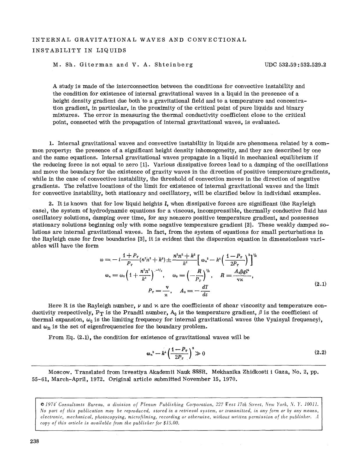 Internal gravitational waves and convectional instability in liquids by Unknown