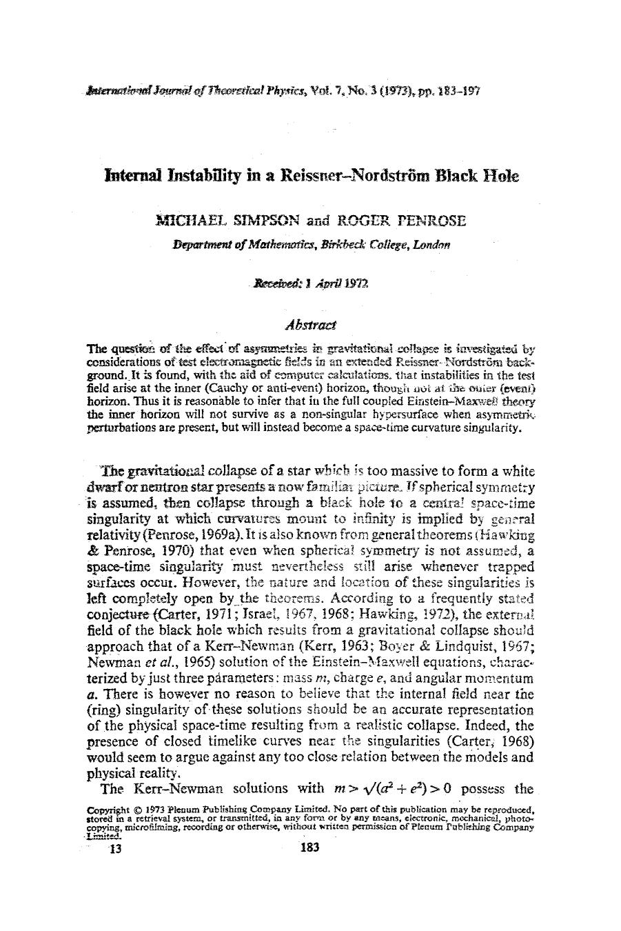 Internal instability in a Reissner-Nordström black hole by Unknown