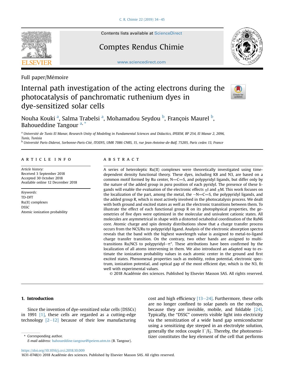Internal path investigation of the acting electrons during the photocatalysis of panchromatic ruthenium dyes in dye-sensitized solar cells by Nouha Kouki & Salma Trabelsi & Mohamadou Seydou & François Maurel & Bahoueddine Tangour