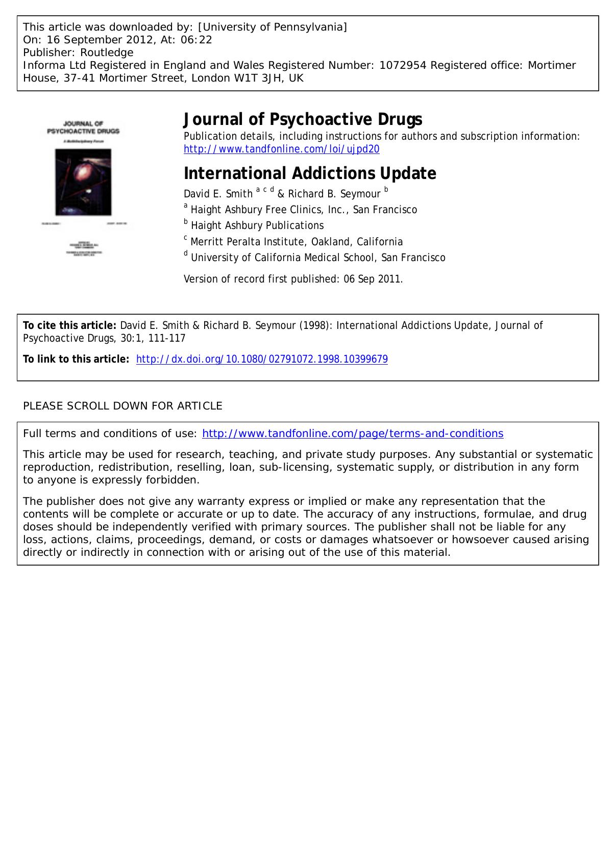 International Addictions Update by David E. Smith a c d & Richard B. Seymour b