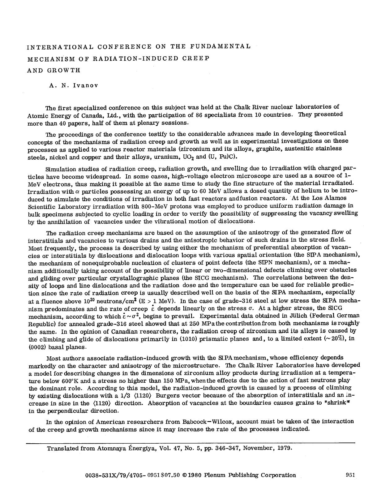 International Conference on the Fundamental Mechanism of Radiation-Induced Creep and Growth by Unknown