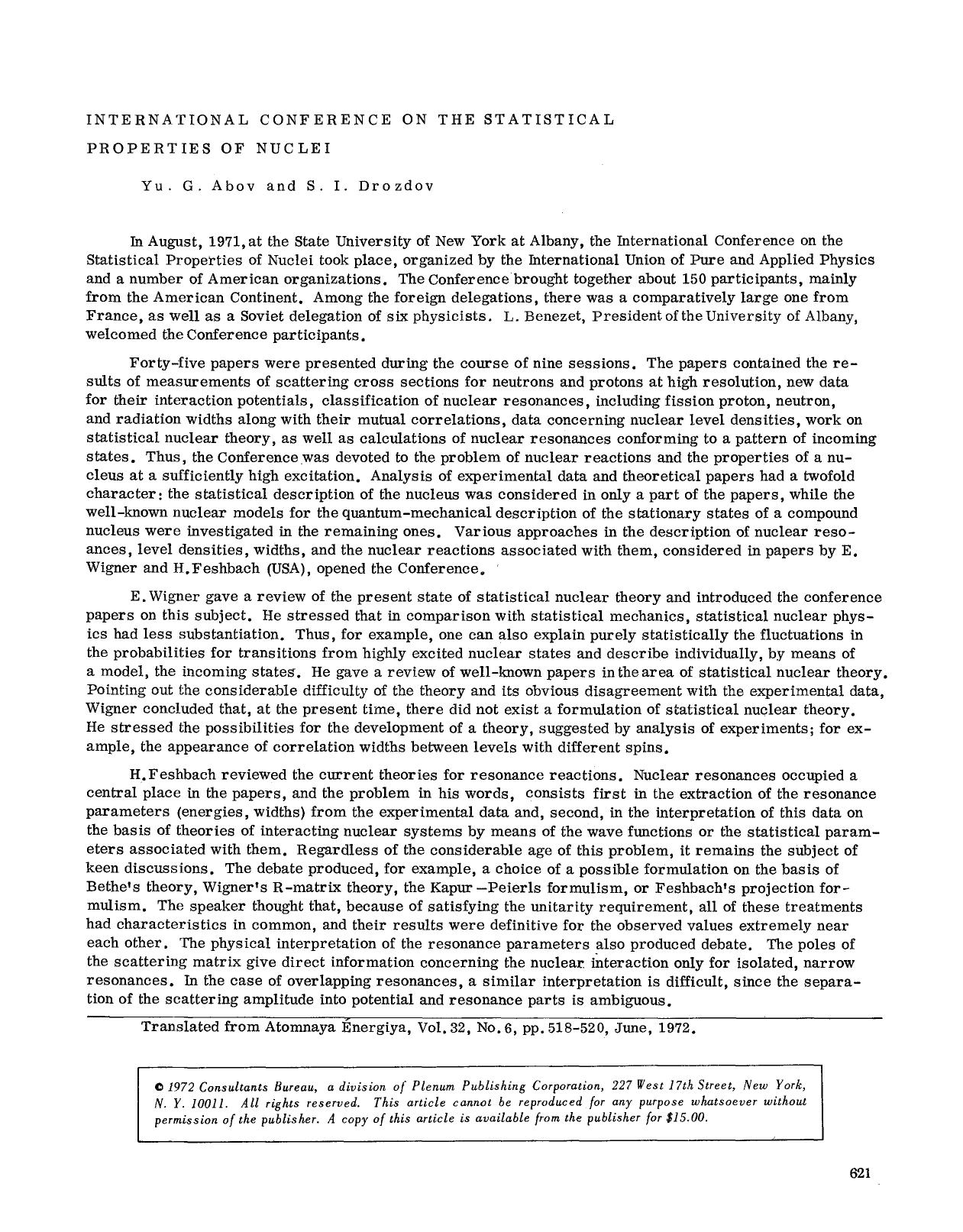 International Conference on the Statistical Properties of Nuclei by Unknown