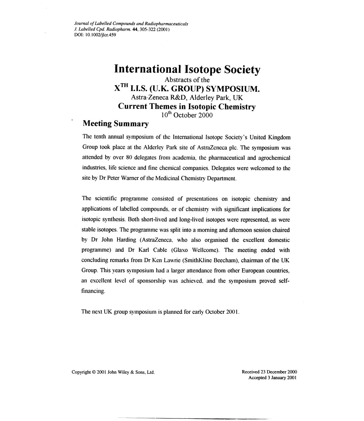 International Isotope Society. Abstracts of the Xth I.I.S. (UK Group) Symposium. Current themes in Isotopic chemistry. by Unknown