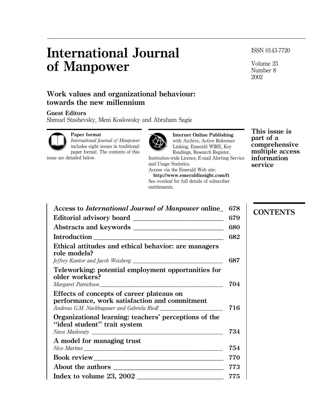 International Journal of Manpower - Volume 23 Issue 8 (2002) - Special Issue: Work values and organizational behaviour: towards the new millennium by Shmuel Stashevsky