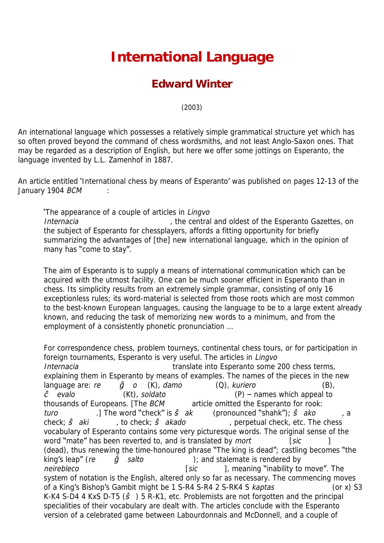 International Language (Chess and Esperanto) by Edward Winter by International Language (Chess & Esperanto)