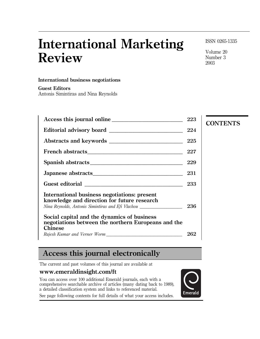 International Marketing Review, Volume 20, Number 3, 2003, International business negotiations by Antonis Simintiras