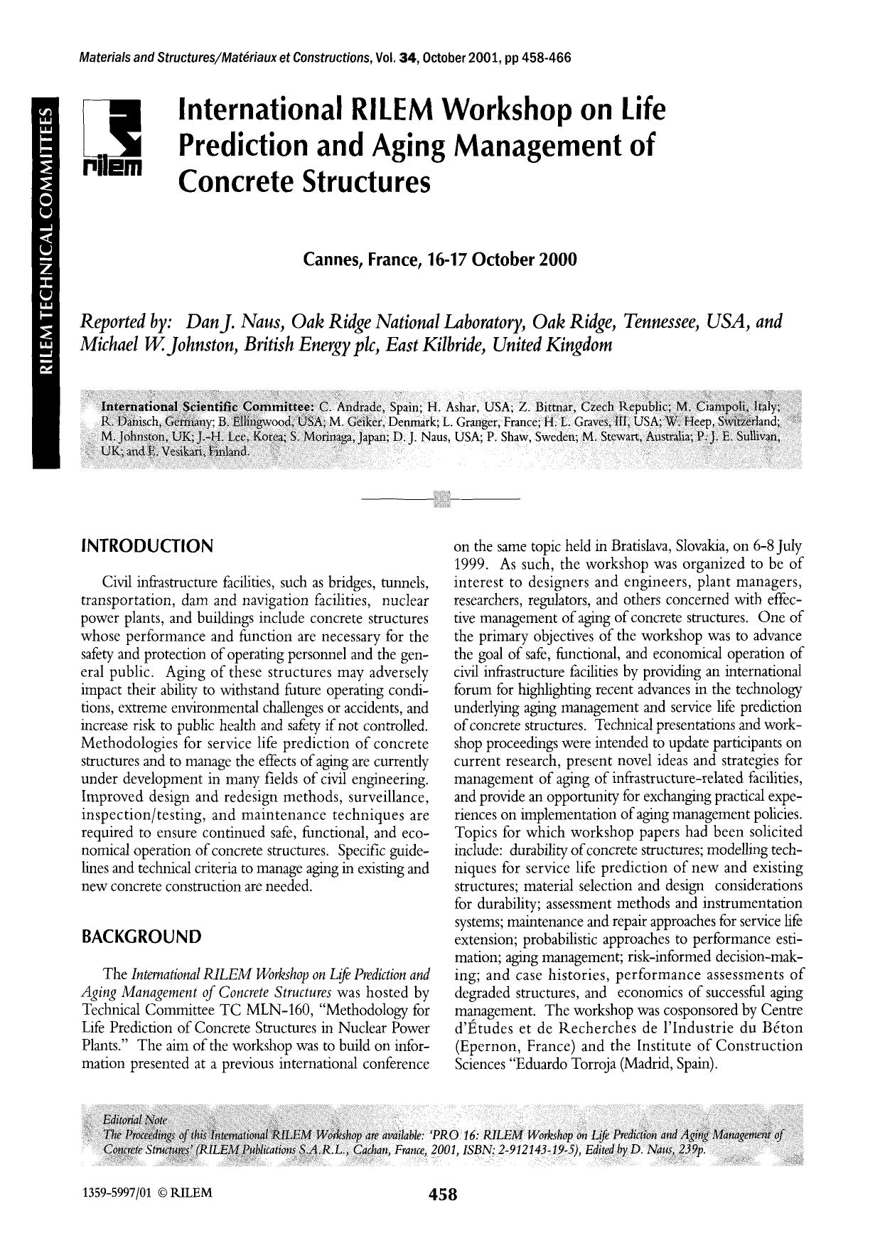 International RILEM Workshop on Life Prediction and Aging Management of Concrete Structures by Unknown