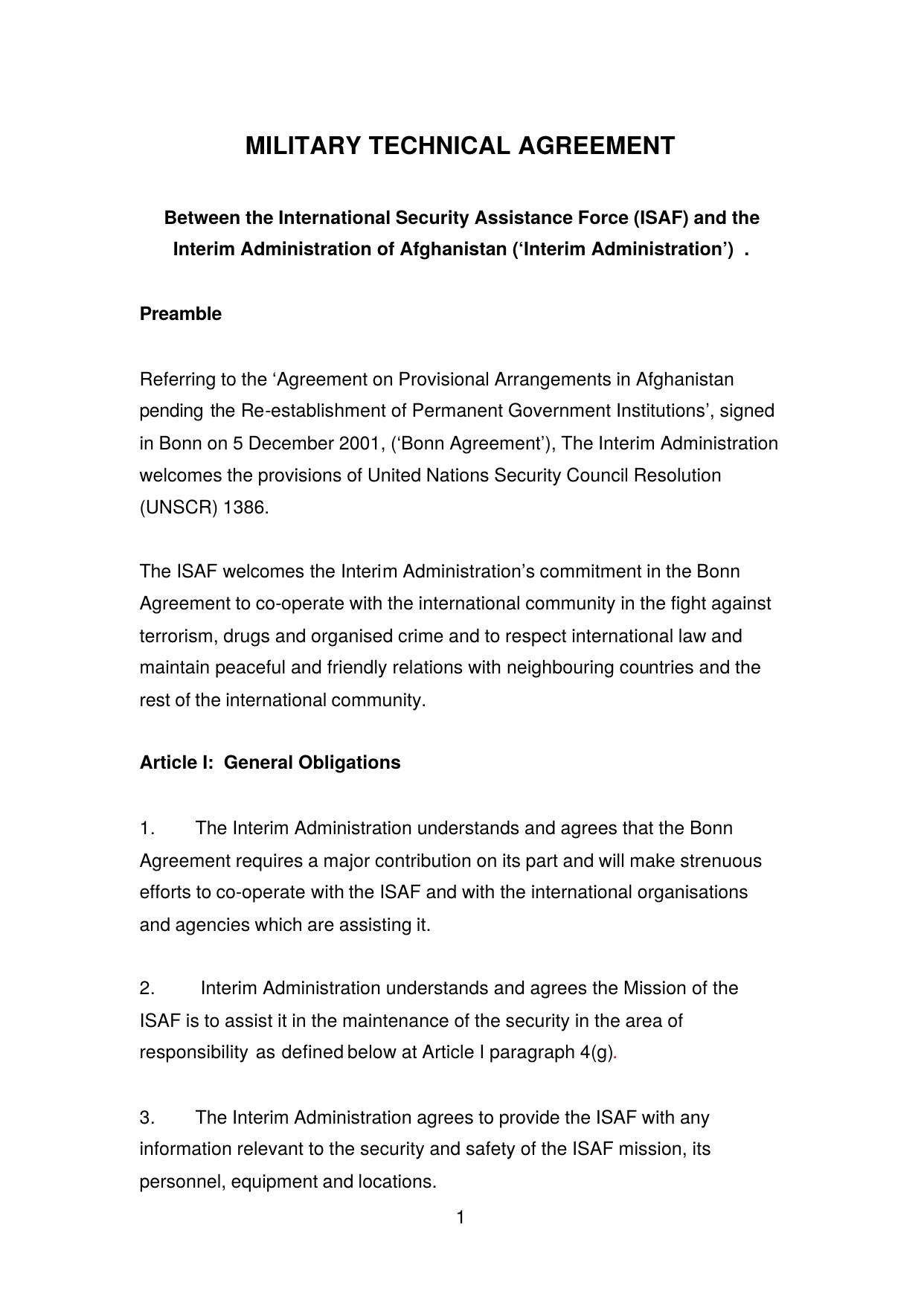International Security Assistance Force (ISAF) Military Techincal Agreement (MTA) by Unknown