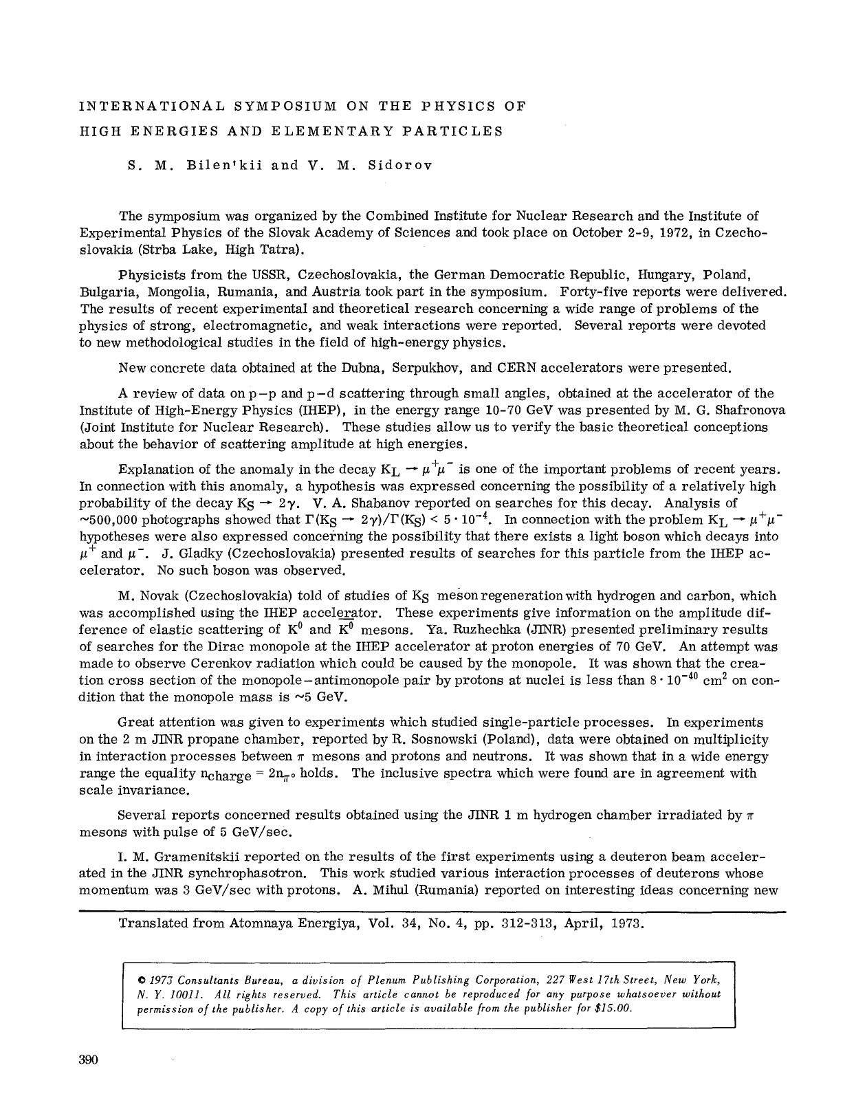 International Symposium on the Physics of High Energies and Elementary Particles by Unknown