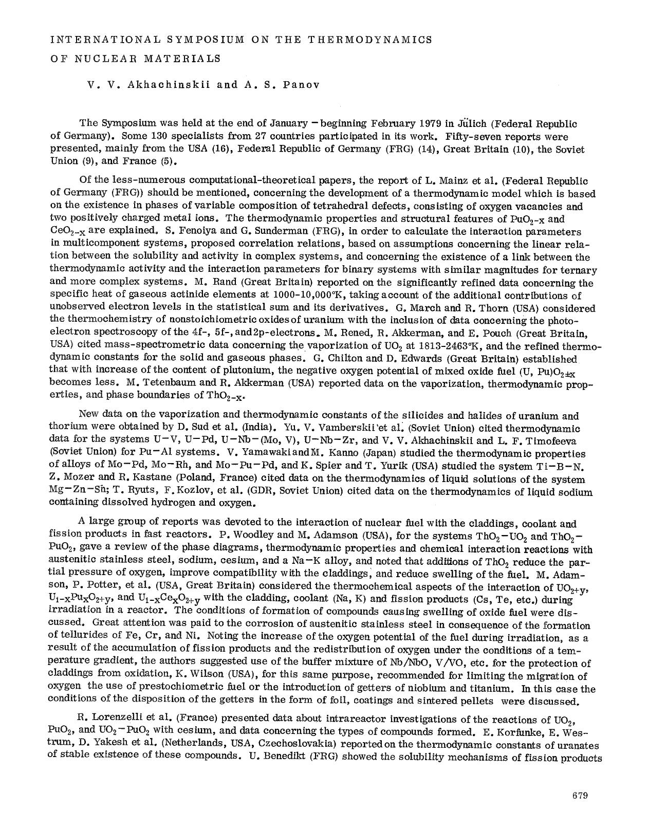 International Symposium on the Thermodynamics of Nuclear Materials by Unknown