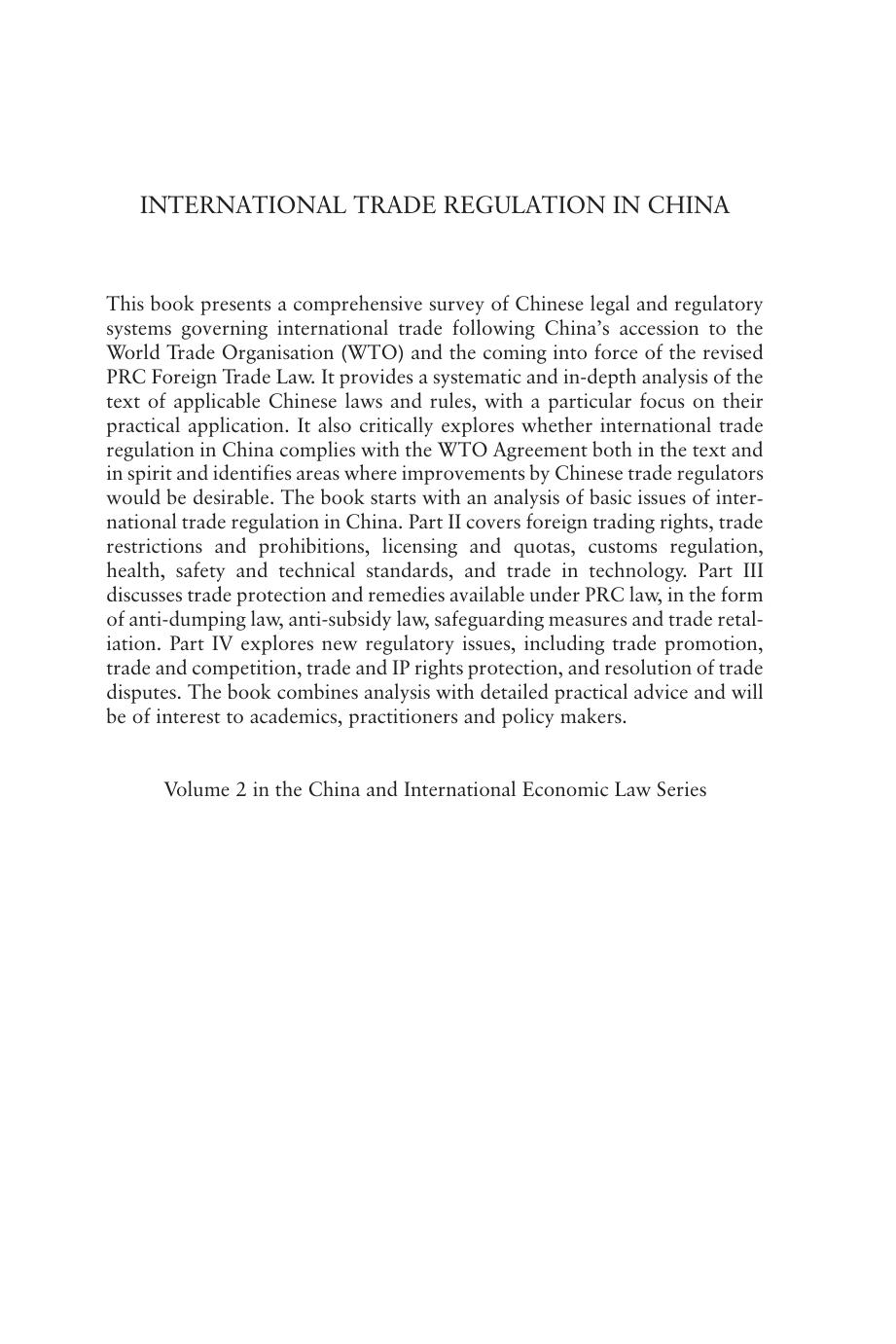 International Trade Regulation in China: Law And Policy by Zhang Xin