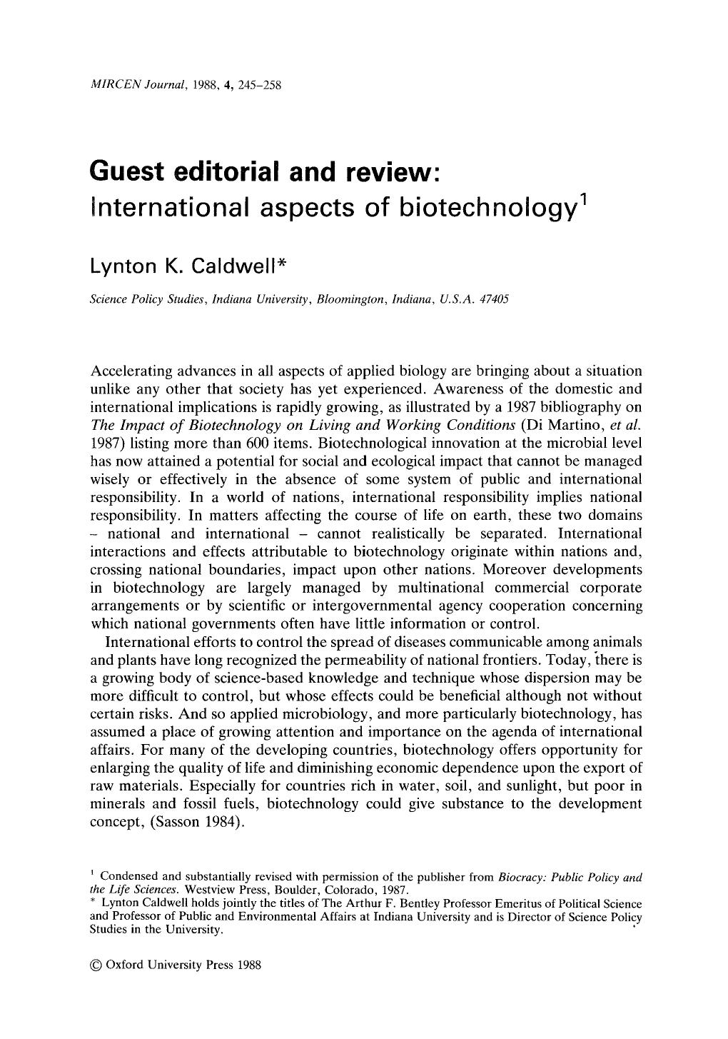 International aspects of biotechnology by Unknown