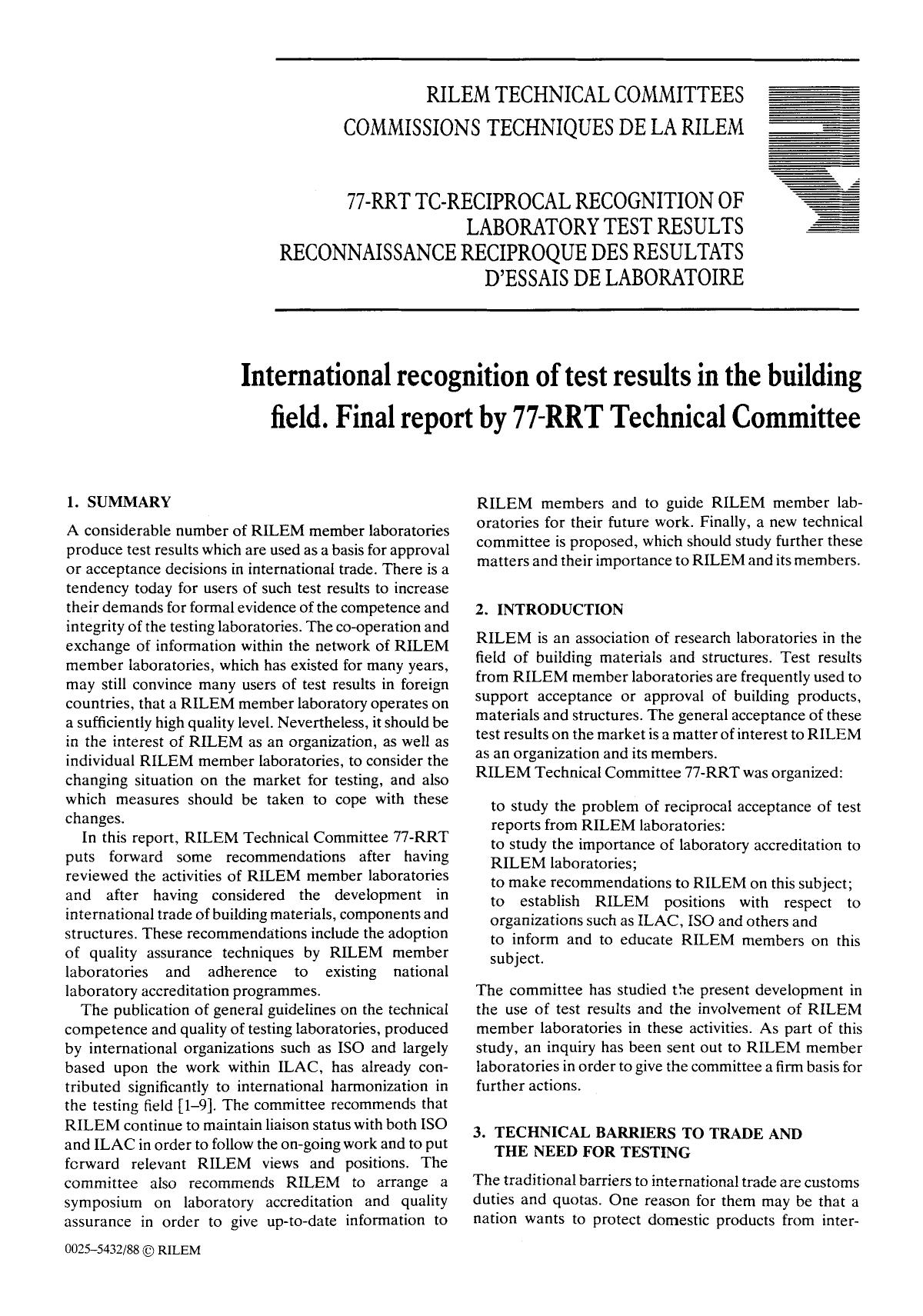 International recognition of test results in the building field. Final report by 77-RRT Technical Committee by Unknown
