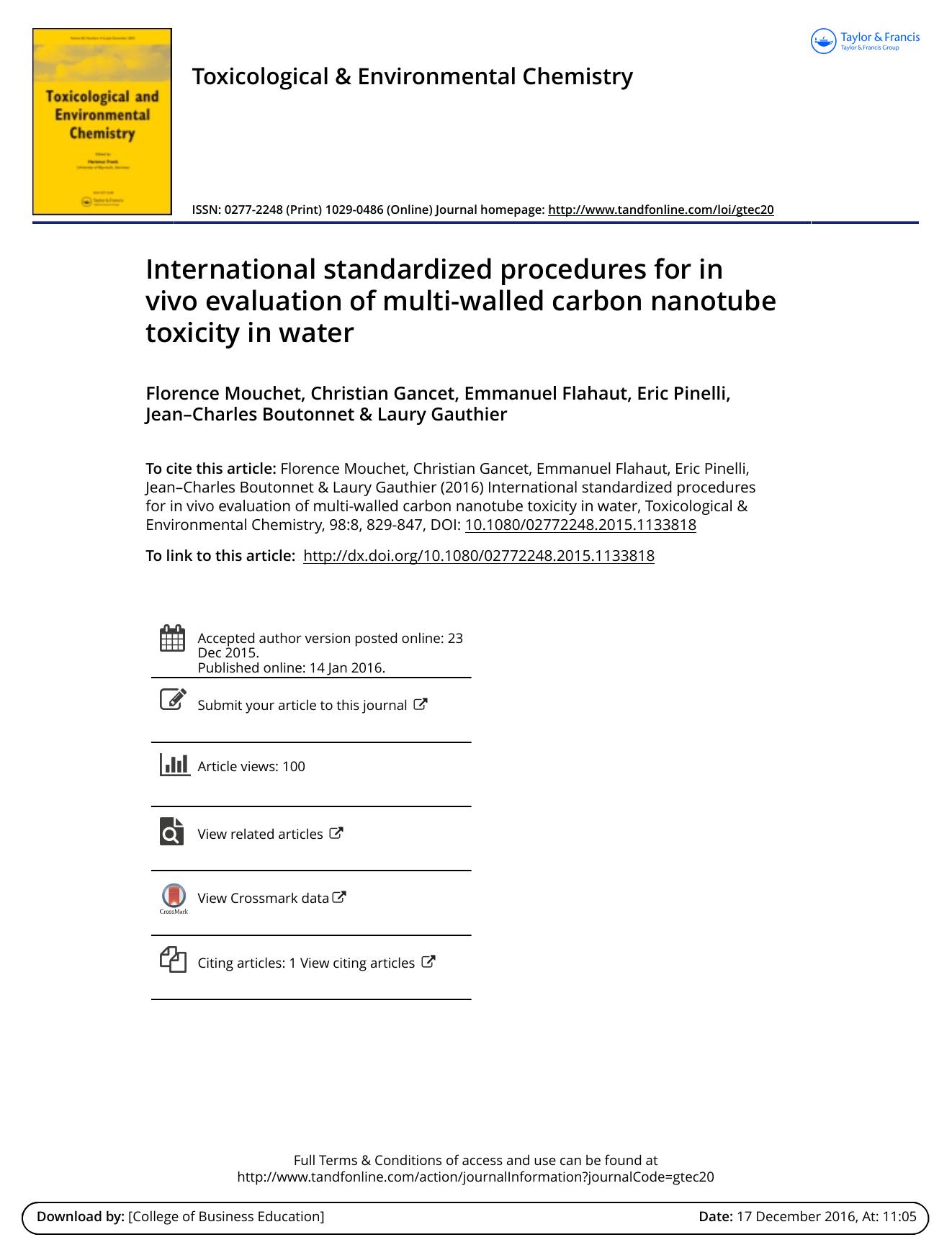 International standardized procedures for in vivo evaluation of multi-walled carbon nanotube toxicity in water by unknow