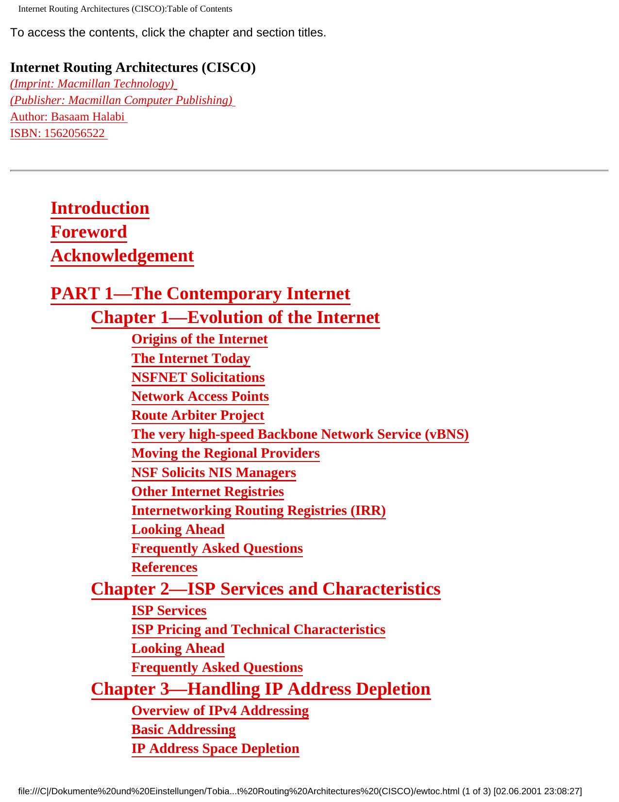 Internet Routing Architectures (CISCO):Table of Contents by Internet Routing Architectures(1997)(496)