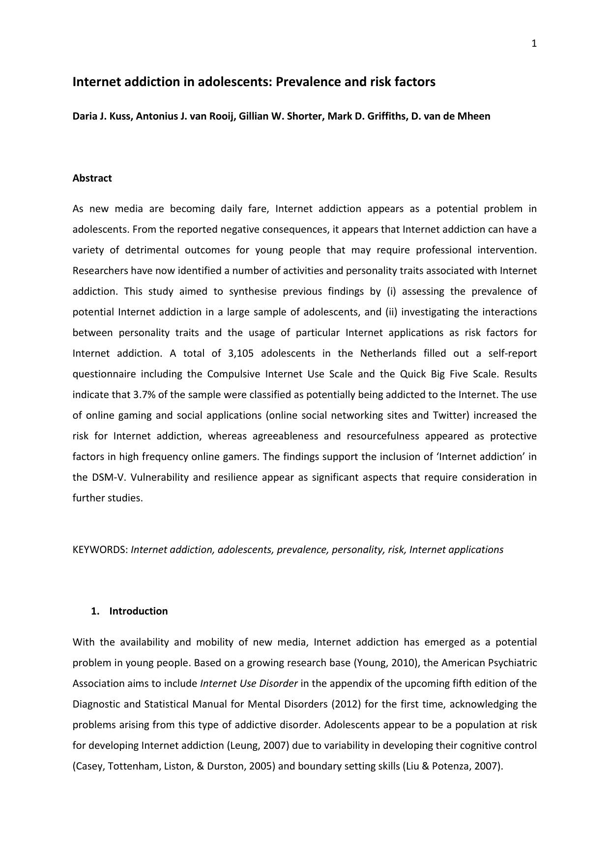 Internet addiction in adolescents: Prevalence and risk factors by Kuss D.J. Van Rooij A. et al