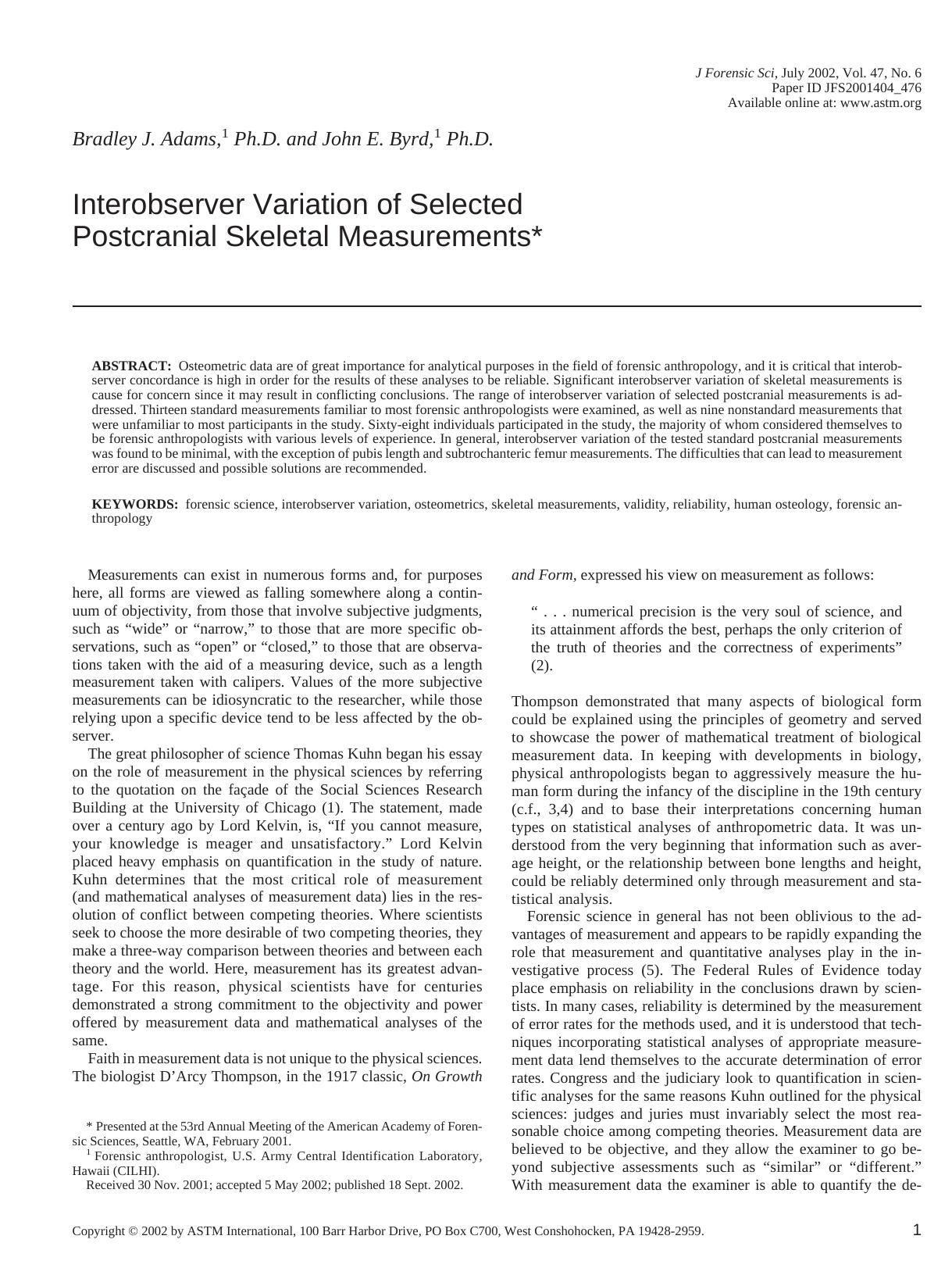 Interobserver variation of selected postcranial skeletal measurements by Adams BJ Byrd JE