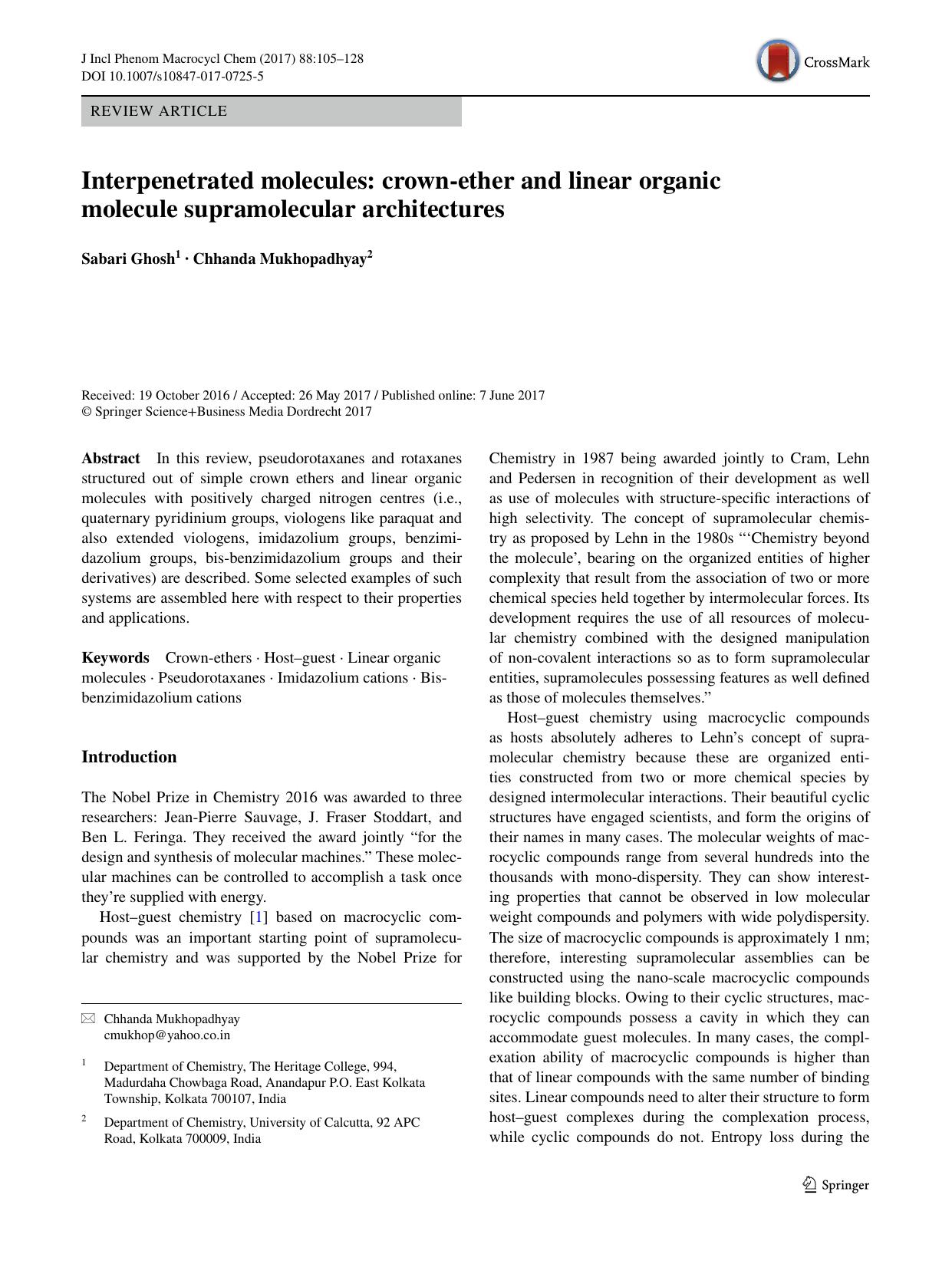 Interpenetrated molecules: crown-ether and linear organic molecule supramolecular architectures by Sabari Ghosh