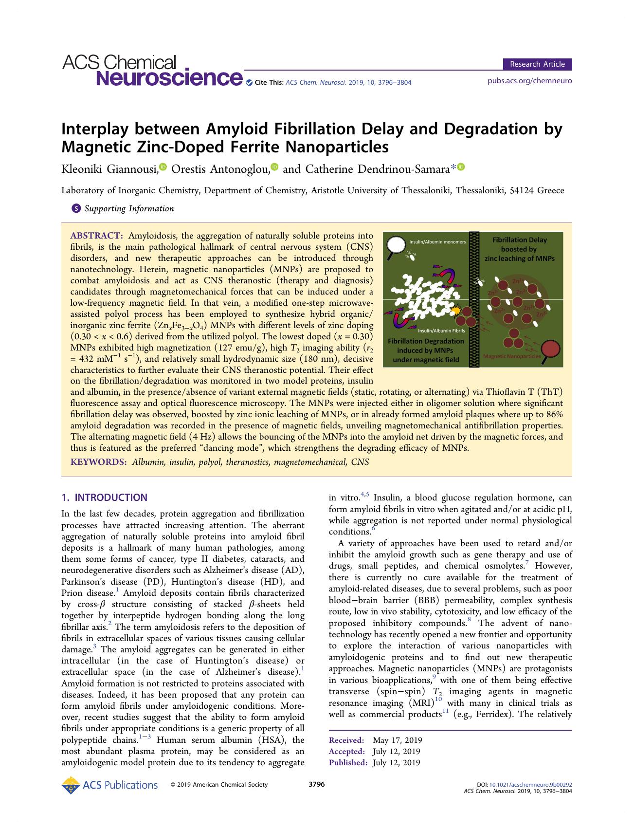 Interplay between Amyloid Fibrillation Delay and Degradation by Magnetic Zinc-Doped Ferrite Nanoparticles by Kleoniki Giannousi Orestis Antonoglou and Catherine Dendrinou-Samara