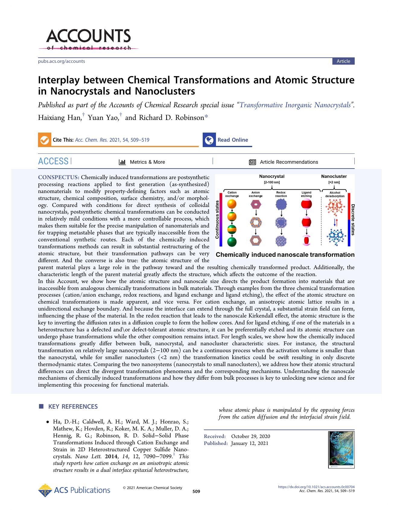Interplay between Chemical Transformations and Atomic Structure in Nanocrystals and Nanoclusters by Haixiang Han; Yuan Yao; Richard D. Robinson
