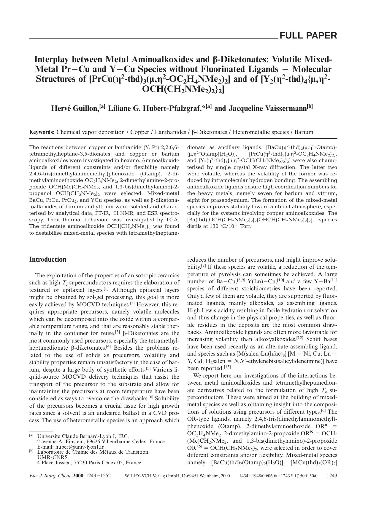 Interplay between Metal Aminoalkoxides and [bgr]-Diketonates: Volatile Mixed-Metal Pr-Cu and Y-Cu Species without Fluorinated Ligands - Molecular Structures of [PrCu([eegr]2-thd)3( by Unknown
