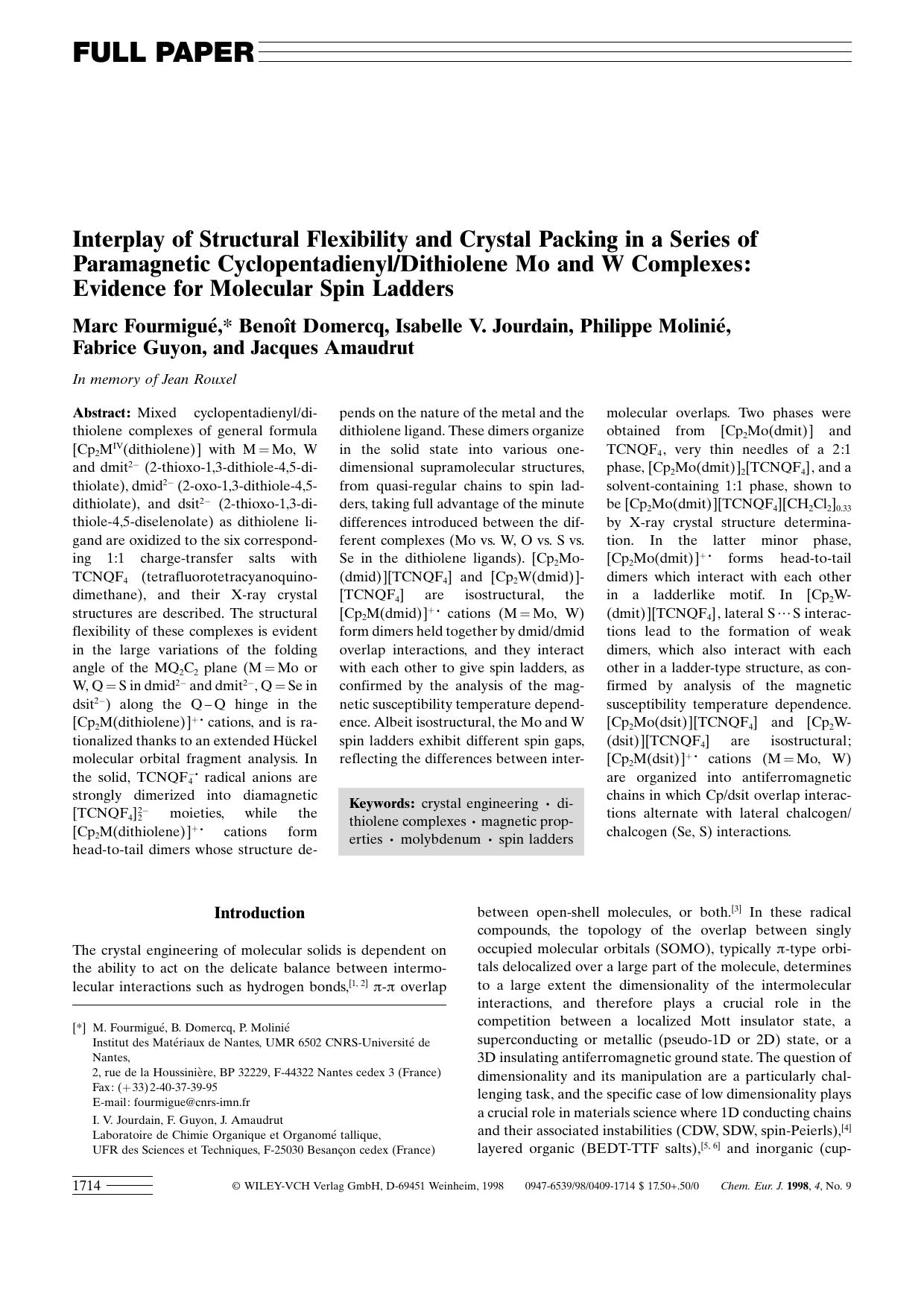 Interplay of Structural Flexibility and Crystal Packing in a Series of Paramagnetic CyclopentadienylDithiolene Mo and W Complexes: Evidence for Molecular Spin Ladders by Unknown