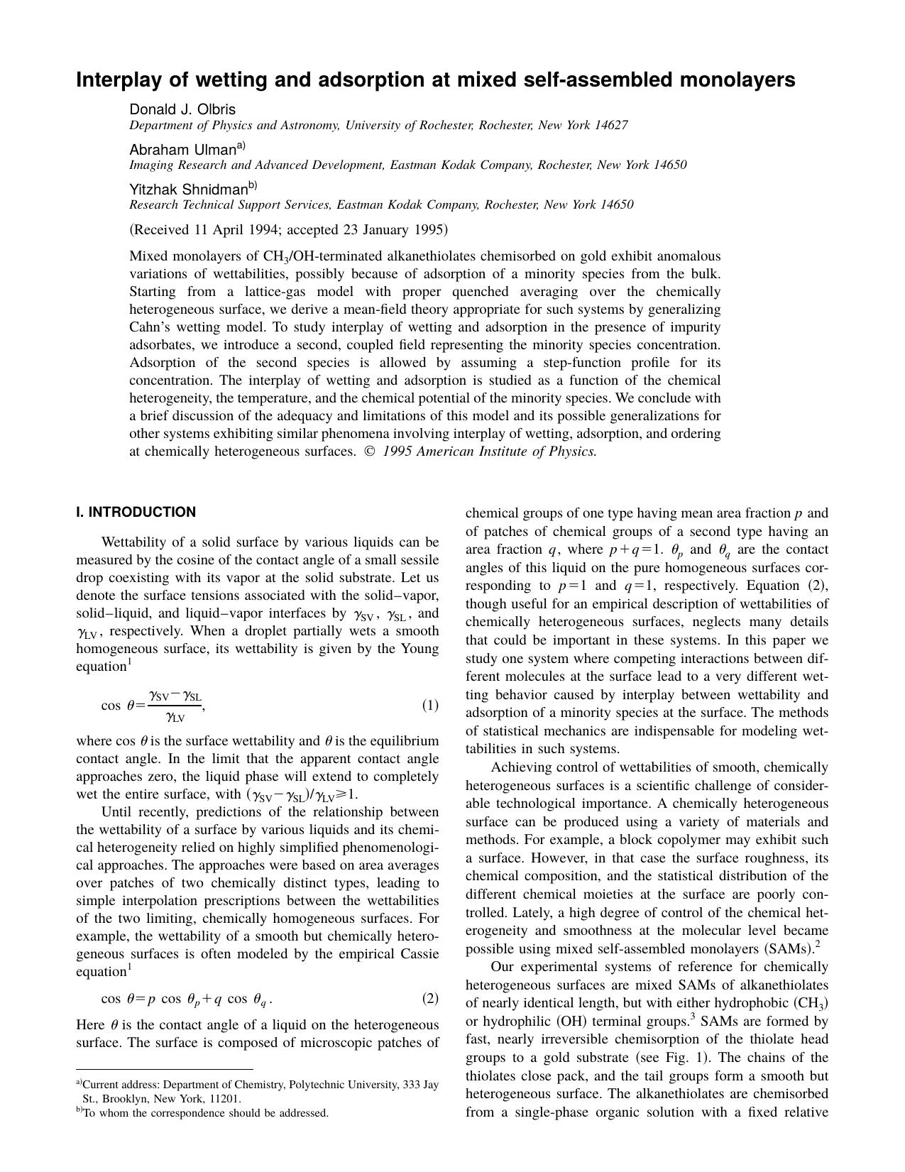 Interplay of wetting and adsorption at mixed self- by Donald J. Olbris & Abraham Ulman & Yitzhak Shnidman