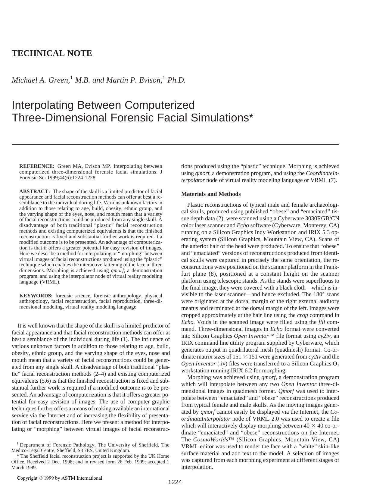Interpolating between computerized three-dimensional forensic facial simulations by Green MA Evison MP