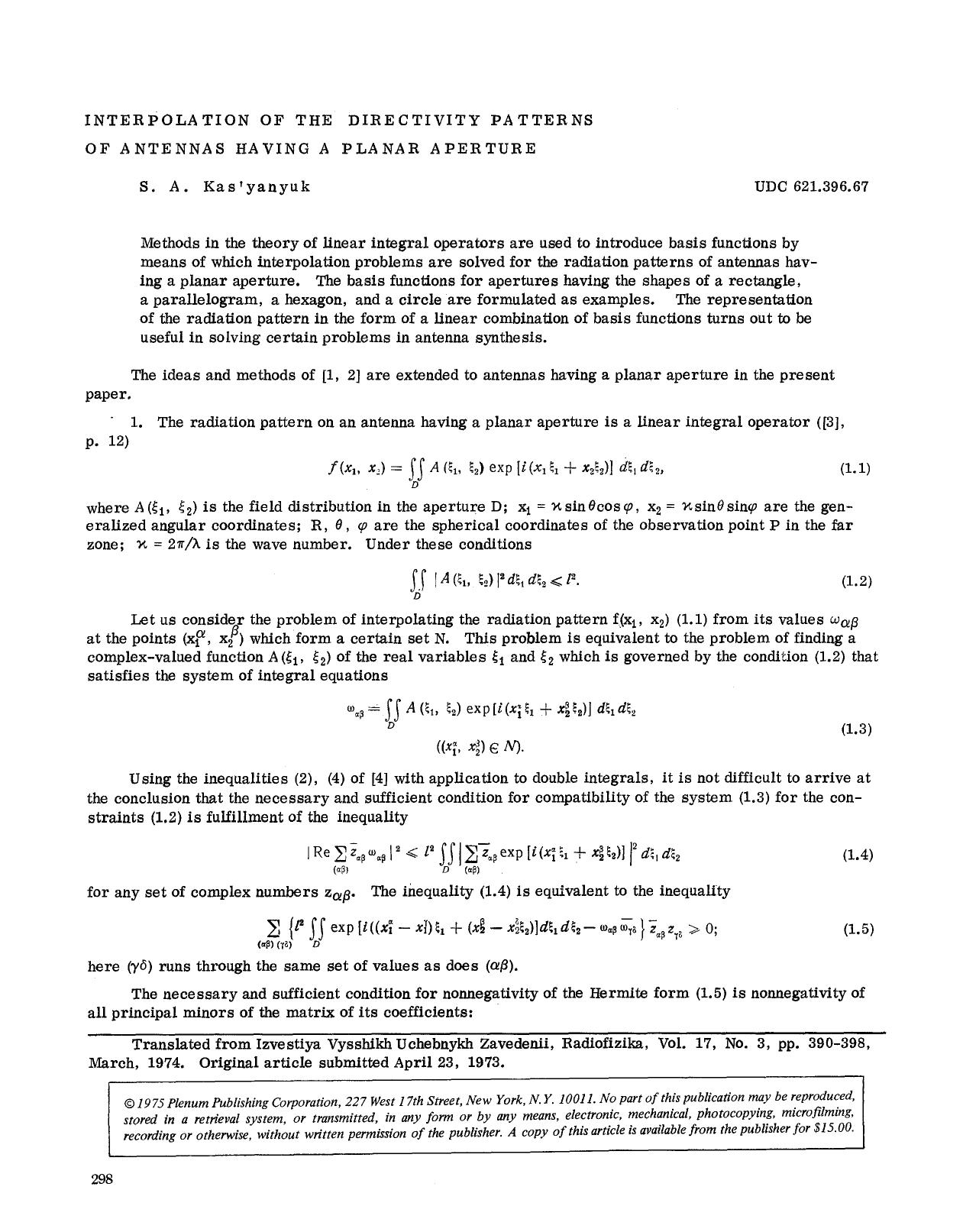 Interpolation of the directivity patterns of antennas having a planar aperture by Unknown