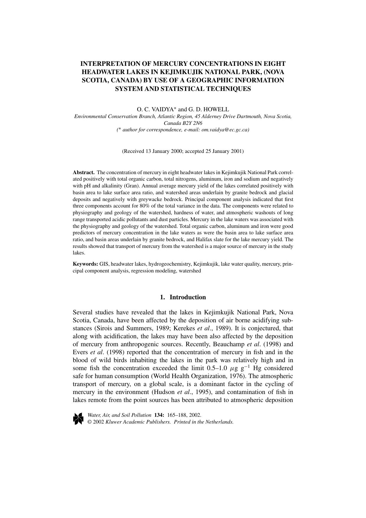 Interpretation of Mercury Concentrations in Eight Headwater Lakes in Kejimkujik National Park, (Nova Scotia, Canada) by Use of a Geographic Information System and Statistical Techniques by Unknown