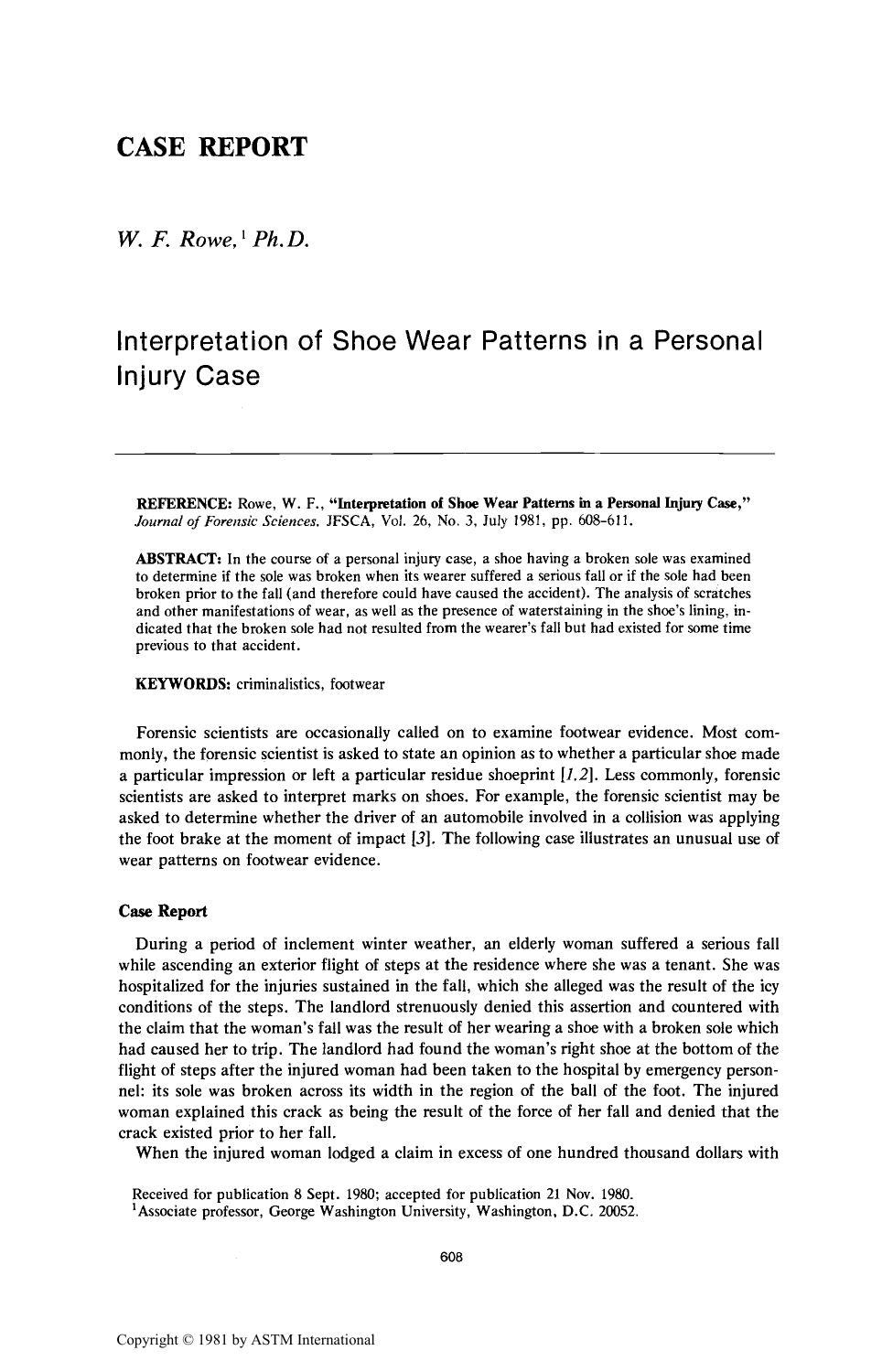 Interpretation of Shoe Wear Patterns in a Personal Injury Case by Rowe WF