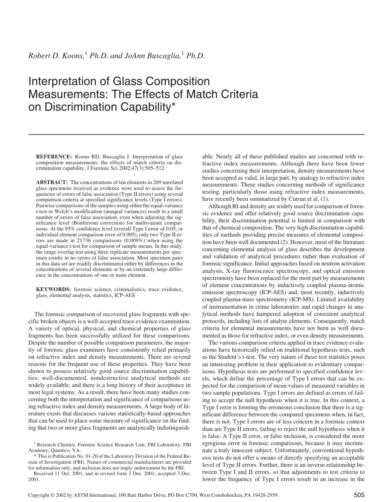 Interpretation of glass composition measurements: the effects of match criteria on discrimination capability by Koons RD Buscaglia J