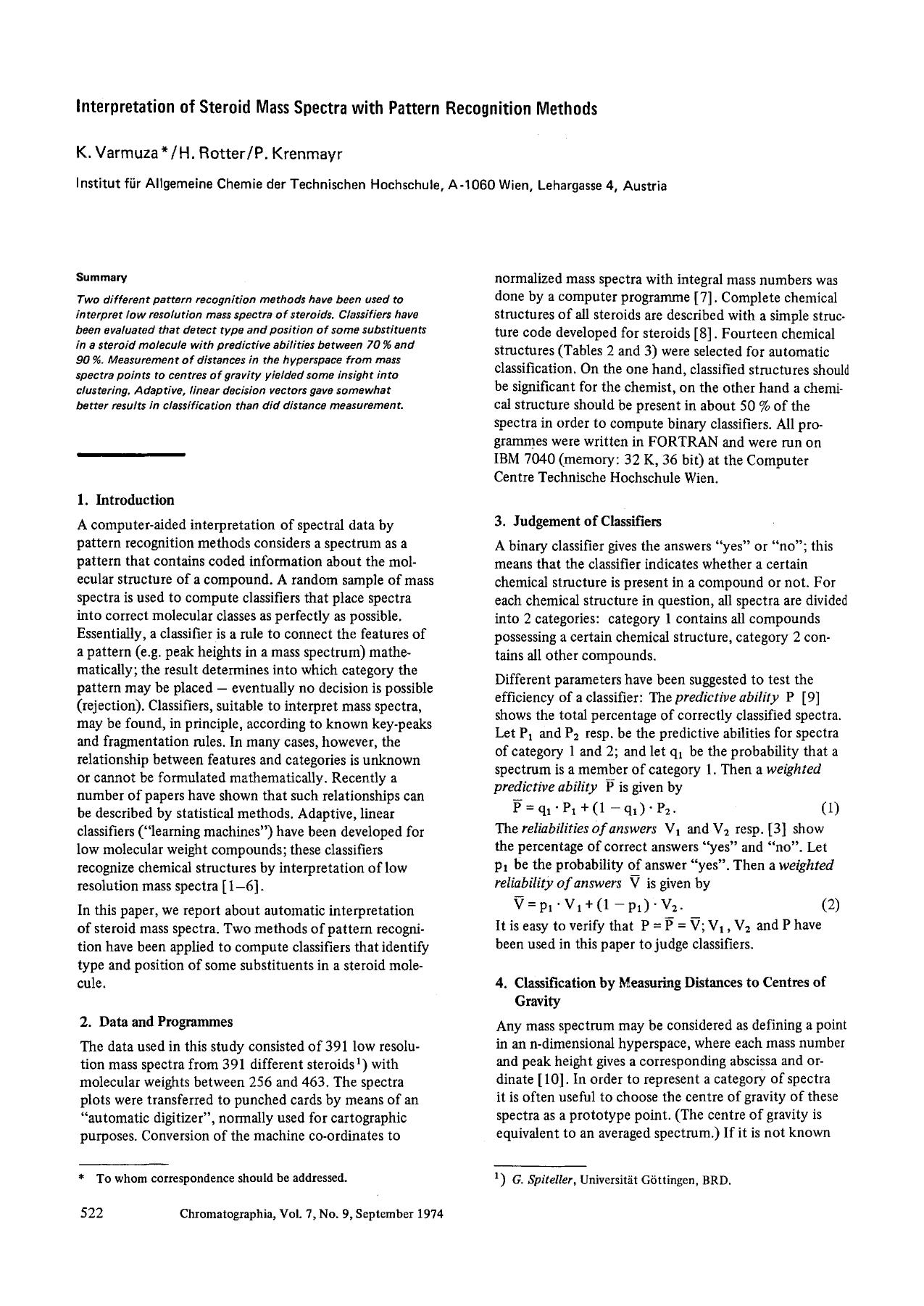 Interpretation of steroid mass spectra with pattern recognition methods by Unknown