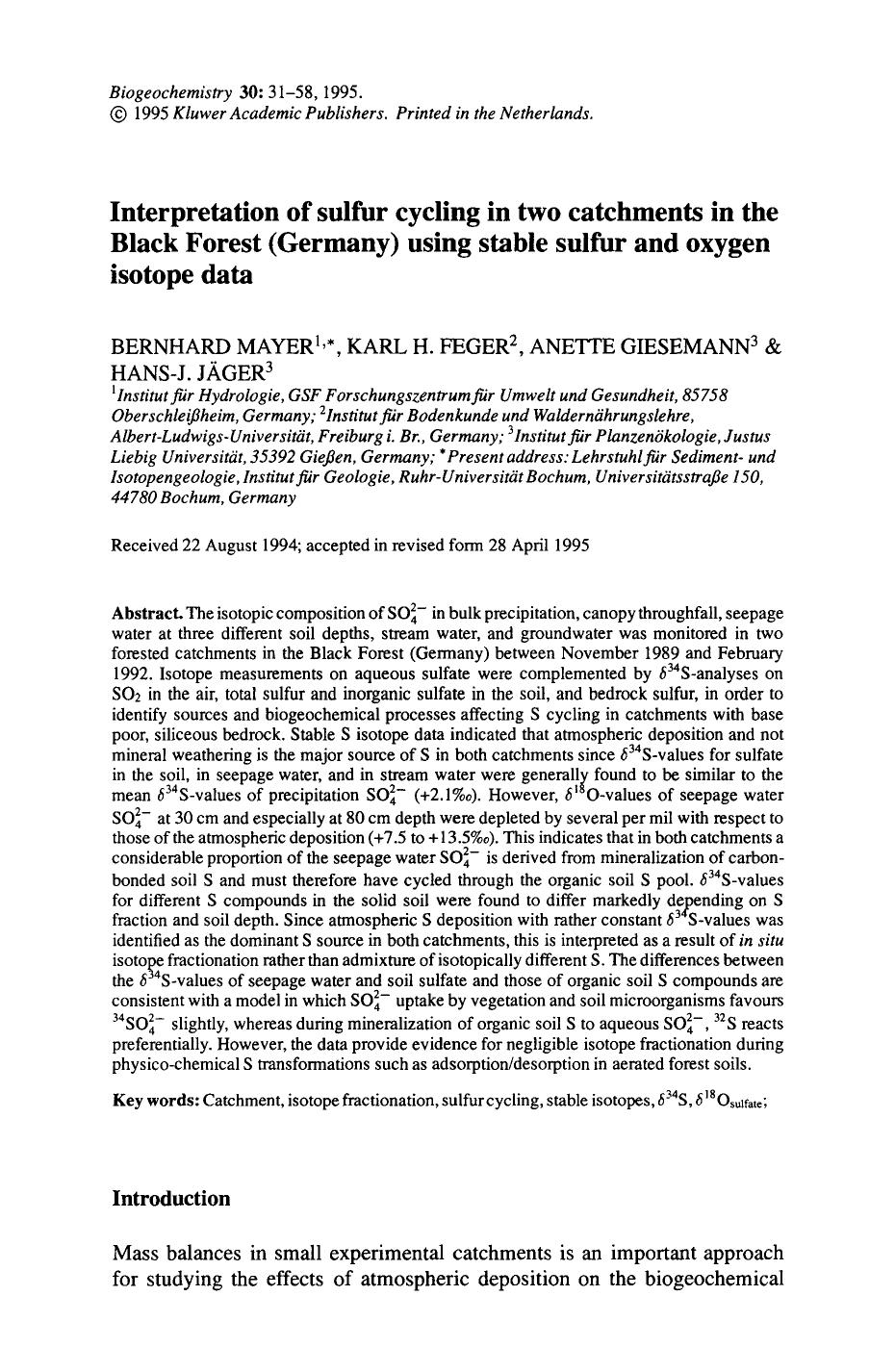 Interpretation of sulfur cycling in two catchments in the Black Forest (Germany) using stable sulfur and oxygen isotope data by Unknown