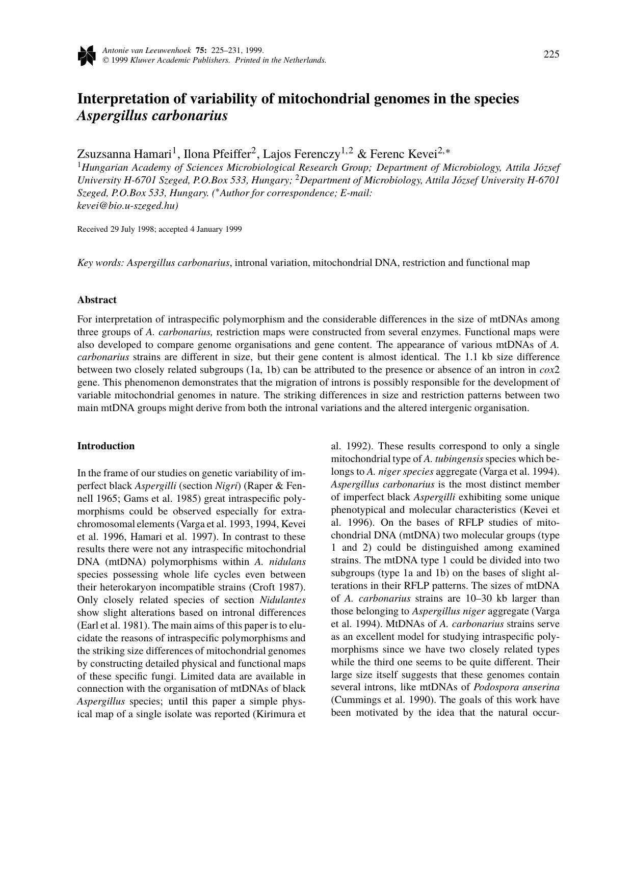Interpretation of variability of mitochondrial genomes in the species Aspergillus carbonarius by Unknown