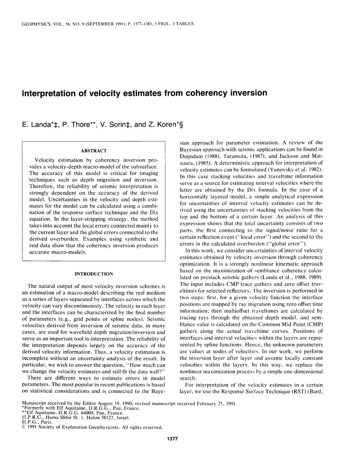 Interpretation of velocity estimates from coherency inversion by Landa E.; Thore P.; Sorin V.; Koren Z