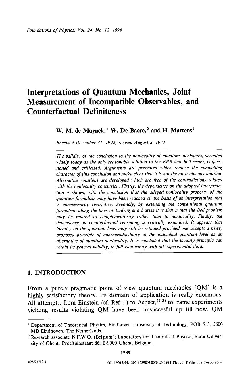 Interpretations of quantum mechanics, joint measurement of incompatible observables, and counterfactual definiteness by Unknown