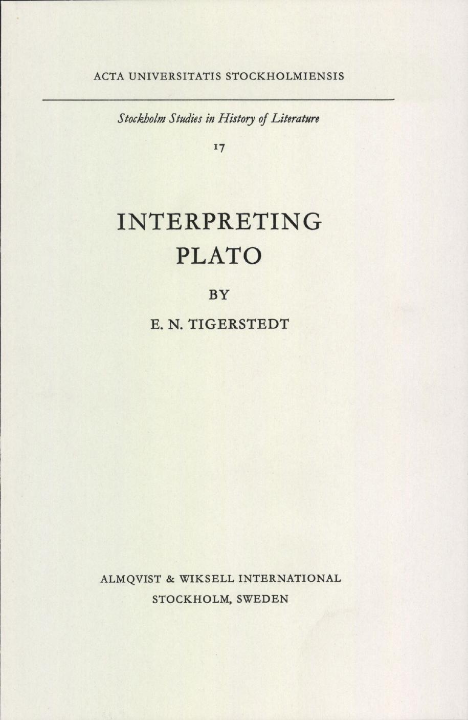Interpreting Plato by E.N. Tigerstedt