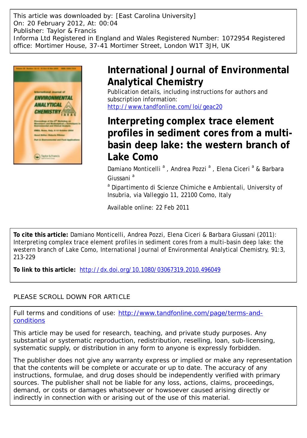 Interpreting complex trace element profiles in sediment cores from a multi-basin deep lake: the western branch of Lake Como by Damiano Monticelli a * Andrea Pozzi a Elena Ciceri a & Barbara Giussani a