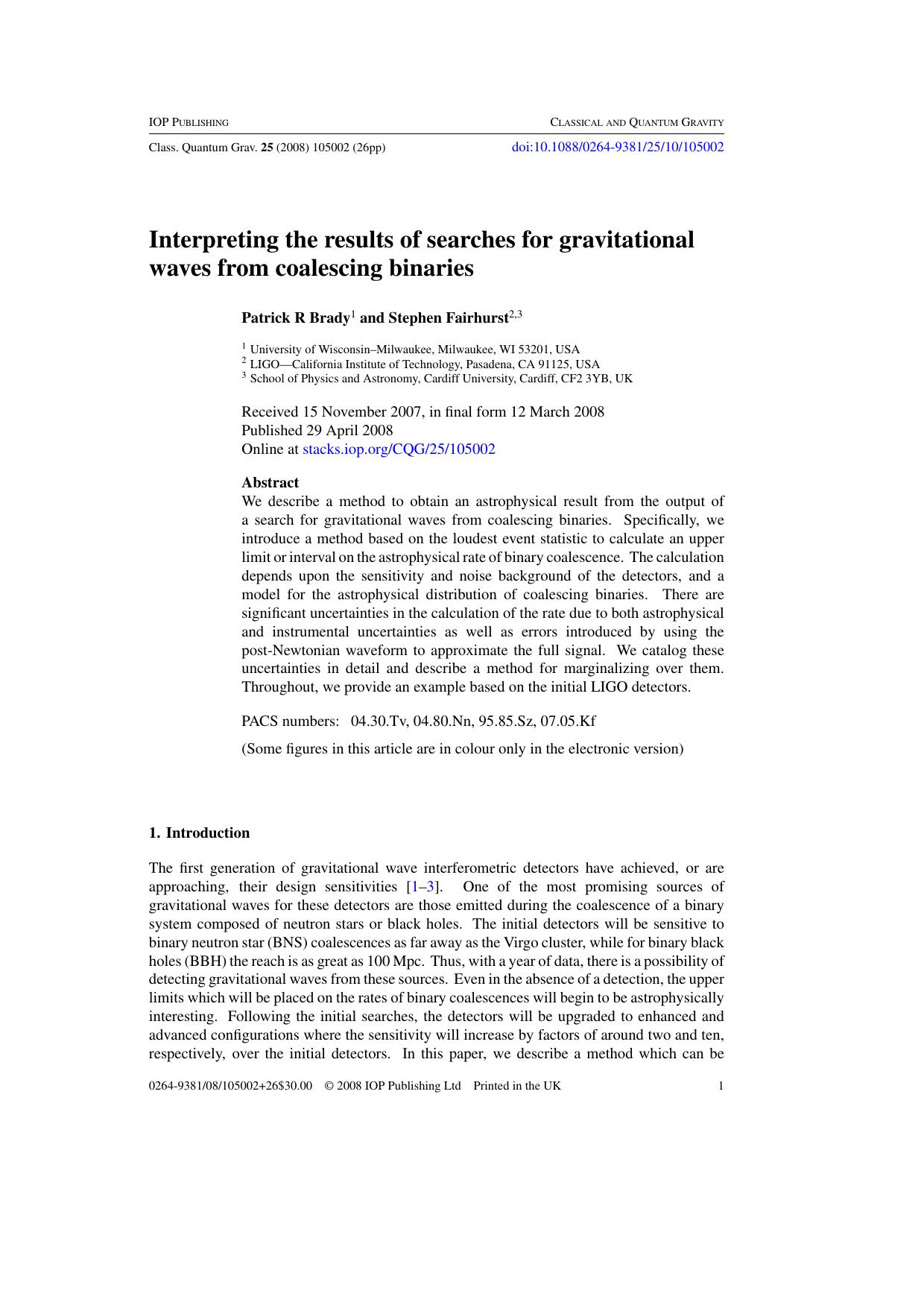 Interpreting the results of searches for gravitational waves from coalescing binaries by P R Brady and S Fairhurst