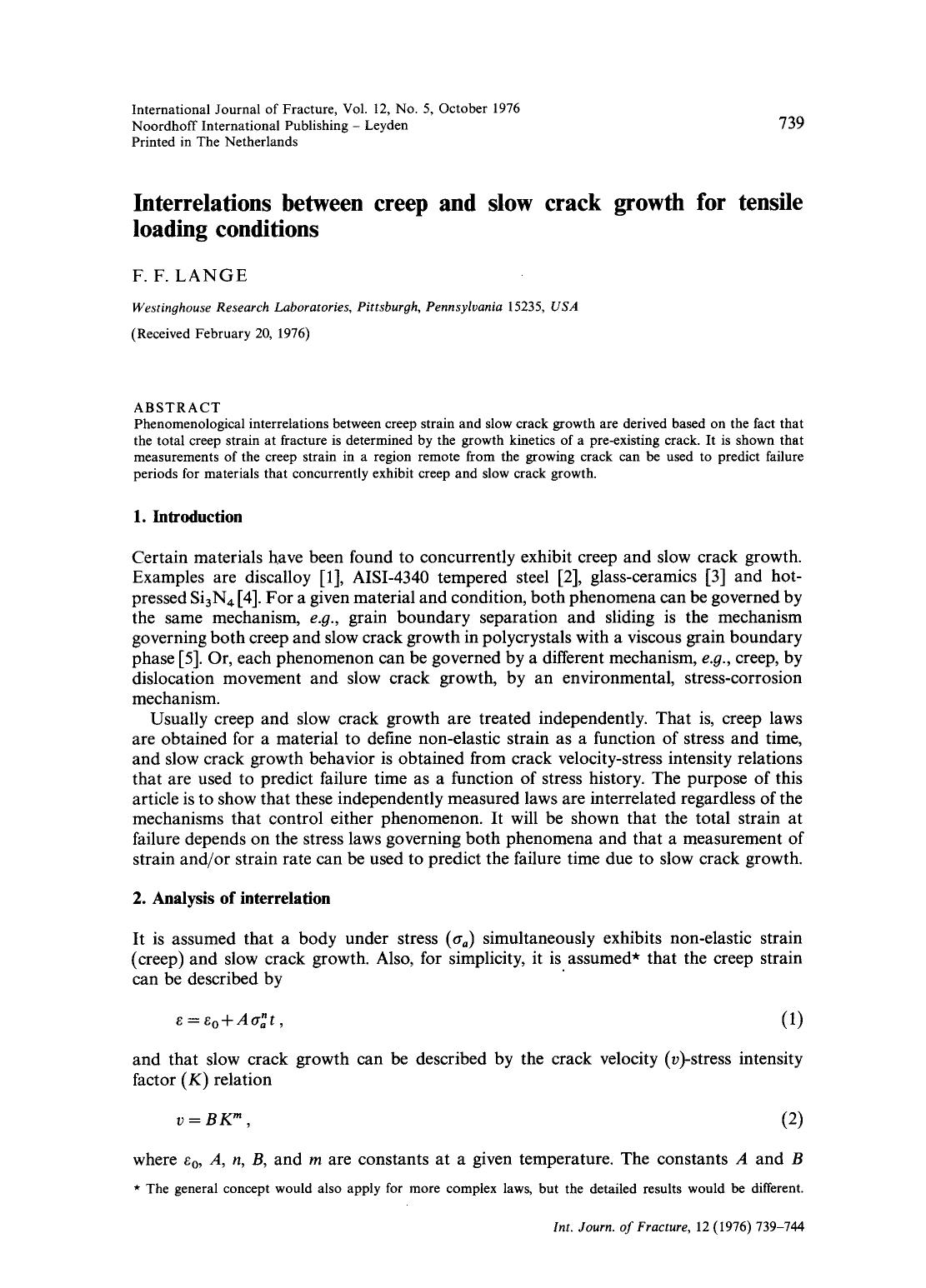 Interrelations between creep and slow crack growth for tensile loading conditions by Unknown