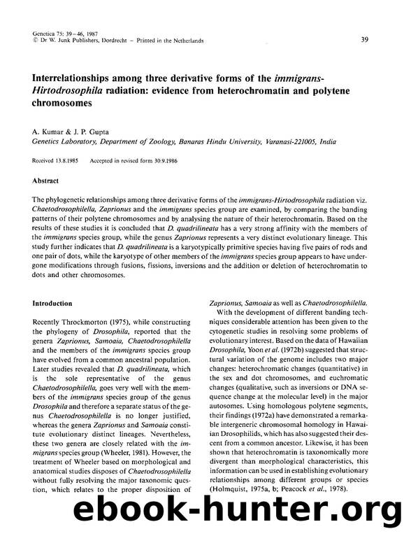 Interrelationships among three derivative forms of the  <Emphasis Type="Italic">immigrans-Hirtodrosophila <Emphasis> radiation: evidence from heterochromatin and polytene chromosomes by Unknown