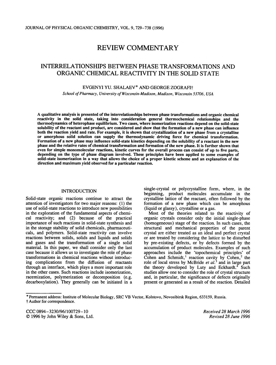 Interrelationships between phase transformations and organic chemical reactivity in the solid state by Unknown